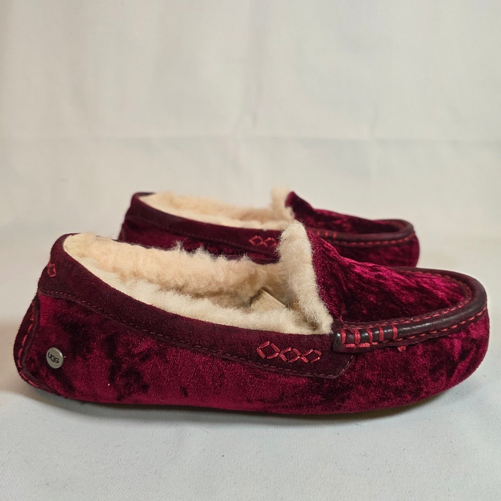 UGG Ansley Burgundy Crushed Velvet Women 5 Slipper Loafer Shearling Lined Luxury